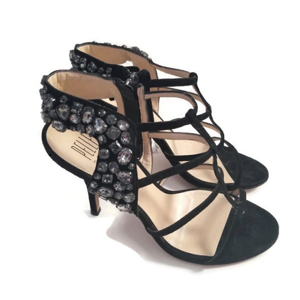 New PELLE MODA | suede heels black shoes t- straps crystals sz 10M